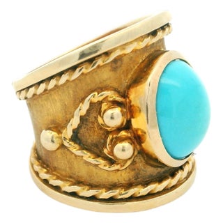 Vintage Italian 18k Gold Turquoise Etruscan Revival Statement Ring, Size 8.5 For Sale