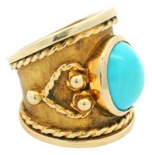 Vintage Italian 18k Gold Turquoise Etruscan Revival Statement Ring, Size 8.5