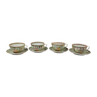 Antique Fluted Rose Medallion Porcelain Cup and Saucer - Set of 4 For Sale