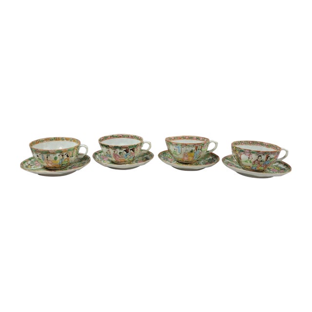 Antique Fluted Rose Medallion Porcelain Cup and Saucer - Set of 4 For Sale
