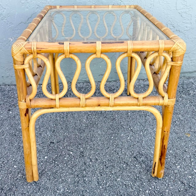 Mid 20th Century Boho Chic Serpentine Rattan Glass Top Side Table For Sale - Image 5 of 6