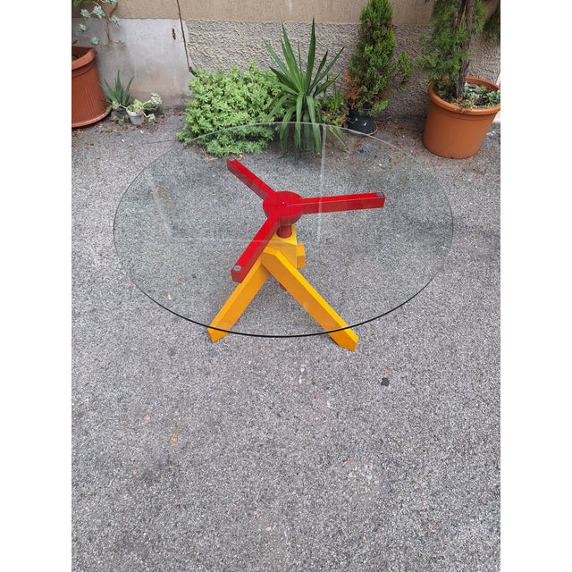 Mid-Century Modern Vidun Dining Table with Round Glass Top and Red and Yellow Beech Legs by Vico Magistretti for De Padova, 1980s For Sale - Image 3 of 12