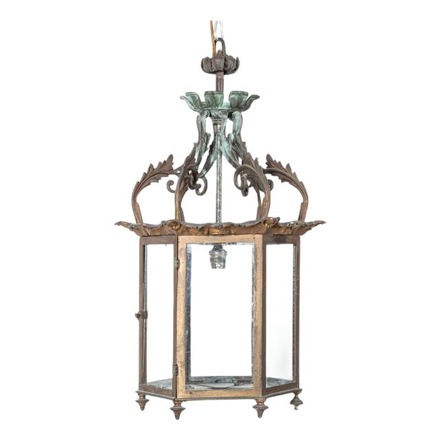 Georgian English Hexagonal Glazed Verdigris Lantern For Sale