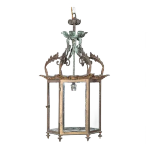 Georgian English Hexagonal Glazed Verdigris Lantern