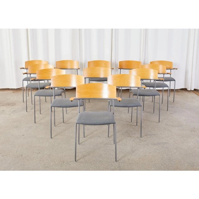 Large set of twelve Swedish modern multifunctional dining armchairs designed by Bror Boije for EFG. Known as Offy chairs...