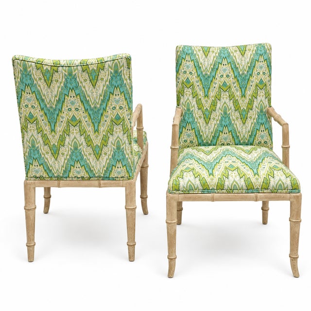 Green Regency Style Cerused Pine Faux Bamboo Bergere Chairs in Chevron - Pair For Sale - Image 8 of 8
