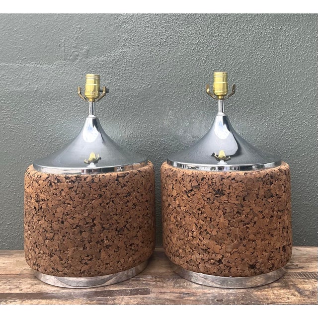 Wood Vintage 70s Chrome and Cork Lamps - A Pair For Sale - Image 7 of 12