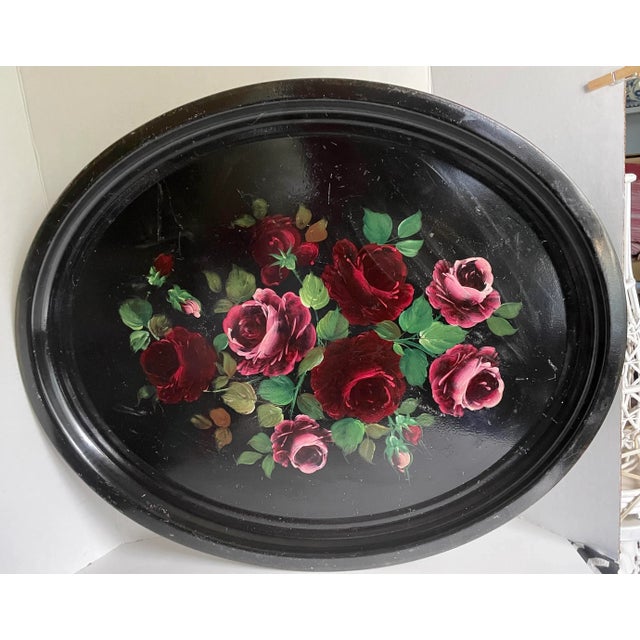 Late 19th Century Antique Tole Metal Hand-Painted Rose Tray For Sale - Image 5 of 5