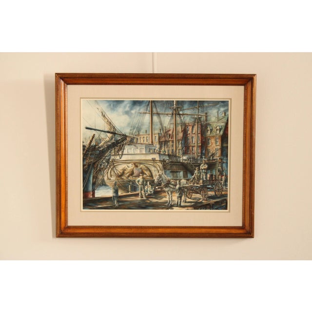 Vintage Fine Art Print by Keith Miller (American, 20th C.), Depicting Horse Drawn Cargo at Ship Loading Docks, Signed and...