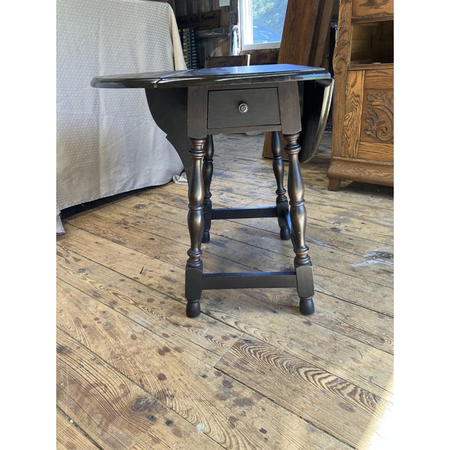 Wood Dark Brown Drop Leaf Accent Table With Turned Legs and Drawer For Sale - Image 7 of 9