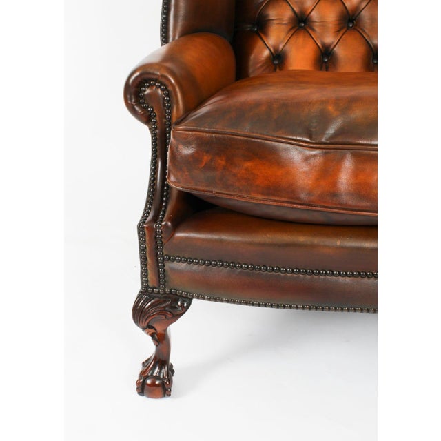 Antique Chippendale Revival Wingback Armchairs in Leather, 1920s, Set of 2 For Sale - Image 16 of 18
