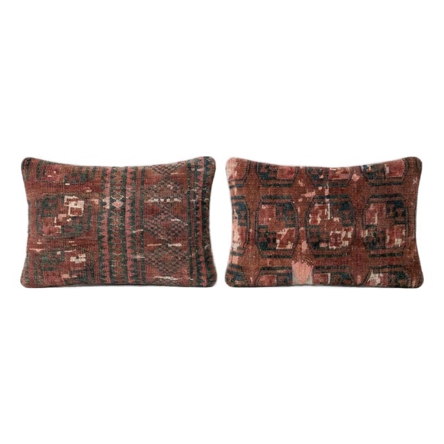Turkish Wool Lumbar Rug Pillow Cover 16'' X 24'' & 16'' X 25'' - Set of Two For Sale