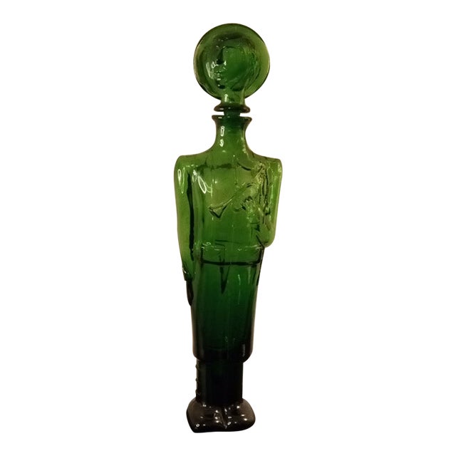 Vintage Green Empoli Bugle Boy Decanter With Stopper, Italy For Sale