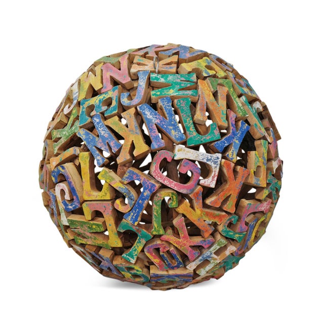 Large vintage wood painted letters and numbers mounted onto a wood frame sphere. Colorful and fun art piece from Indonesia...