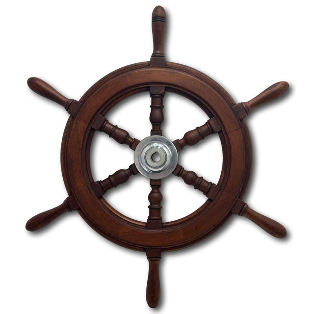 American Fine Vintage Hand Made Large 25 Inch Authentic Mahogany & Rhodium Plated Brass Yacht - Ships Wheel - Mid 1900s For Sale - Image 3 of 18