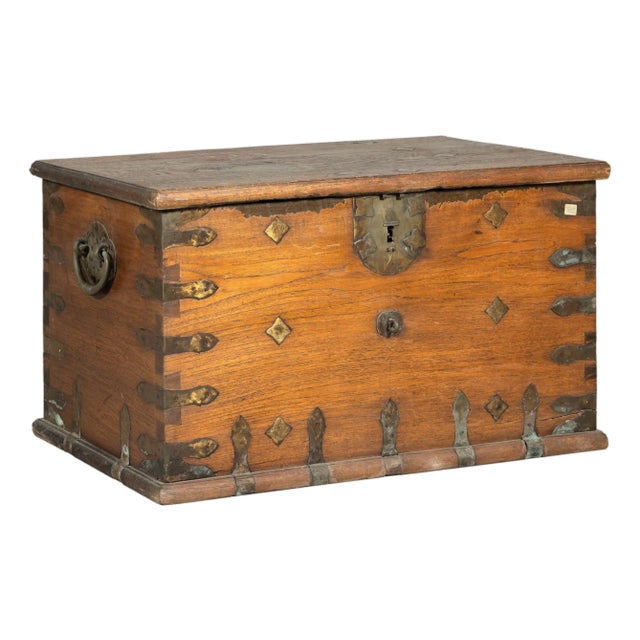 Antique Wood Trunk with Ornamental Metalwork and Brass Hardware For Sale