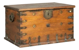 Antique Wood Trunk with Ornamental Metalwork and Brass Hardware
