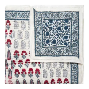 Checkerboard-Lotus Queen Blue & Red Reversible Quilt