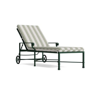 Brown Jordan Venetian Adjustable Chaise With Wheels in Forest Green with Forest Stripe Cushions For Sale