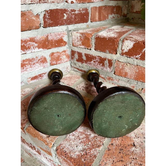 Pair Set Antique English Oak Open Barley Twist Candlesticks Candle Holder Brass For Sale - Image 12 of 12