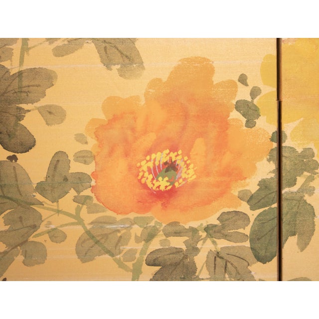 1950-1960s Shōwa Era Japanese Painted Silk Byobu Screen "Peonies" For Sale In Dallas - Image 6 of 18