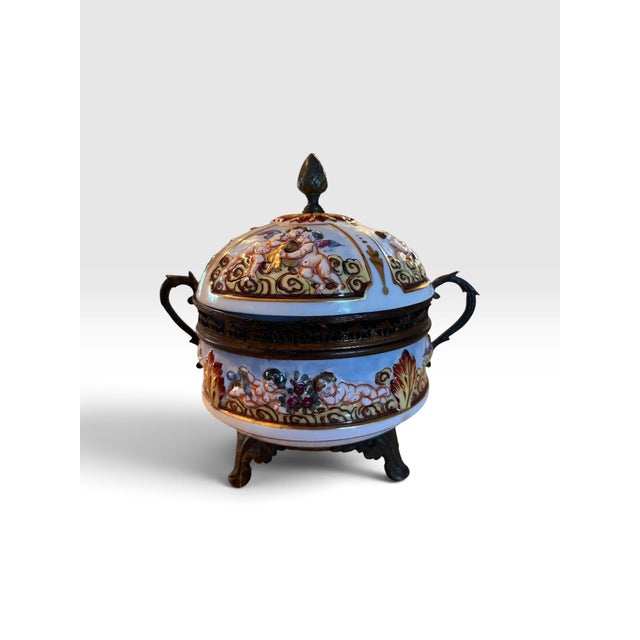 French 1960s French Hand-Painted Porcelain Cherub Bonbonnière With Ormolu Mounts For Sale - Image 3 of 10