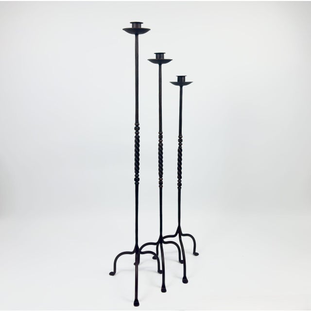 Black Hand Forged Iron Candelabra Set of 3 (93-113cm) Antique Copper Finish Barley Twist Stem with Deep Cylindrical Cups For Sale - Image 8 of 9