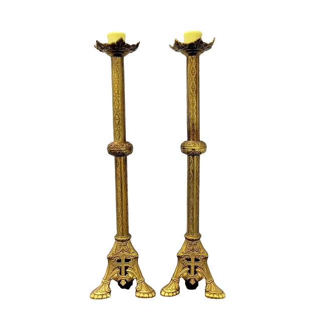 Antique French Gothic Revival Gilt Brass Altar Candlesticks – Pair, 24 Inches For Sale In Raleigh - Image 6 of 7