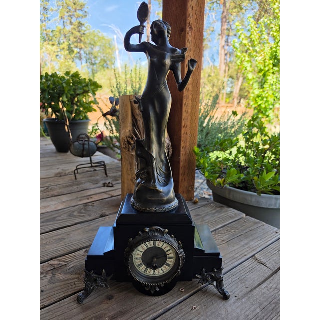 Art Deco Fine French Art Deco Timepiece: 13lb Patinated Bronze Vanity Sculpture Signed Cuaut on Multi-Tier Black Marble Plinth (Circa 1930) For Sale - Image 3 of 10