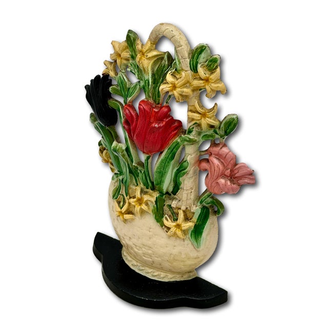 Hard to Find 1930s Hubley MFG Co. Tulips & Hyacinths Flower Basket Cast Iron Doorstop in Pristine Cond. For Sale In Boston - Image 6 of 18