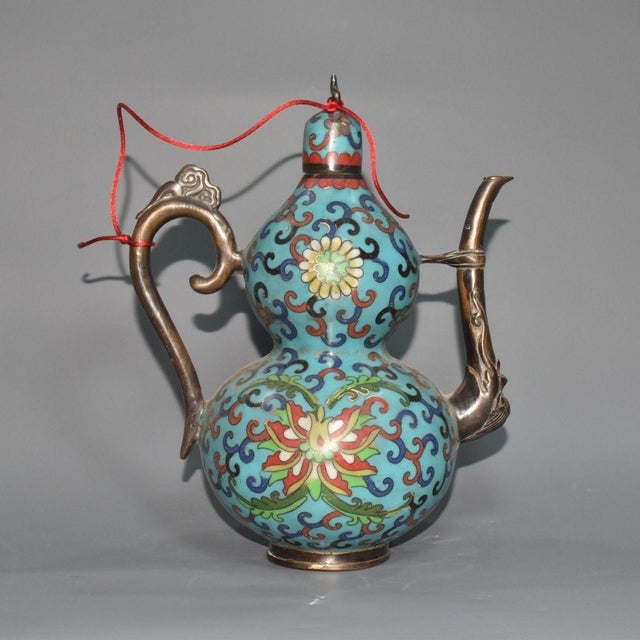 Late 19th Century Cloisonné Enamel Double-Gourd Ewer With Dragon Spout, 1.2kg For Sale - Image 4 of 9