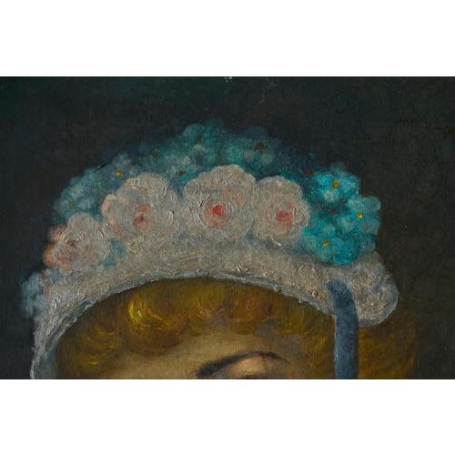 1920s Belgian Interbellum Artist, Portrait of a Woman in Flowered Bonnet, 1920s-1940s, Oil Painting, Framed For Sale - Image 5 of 11