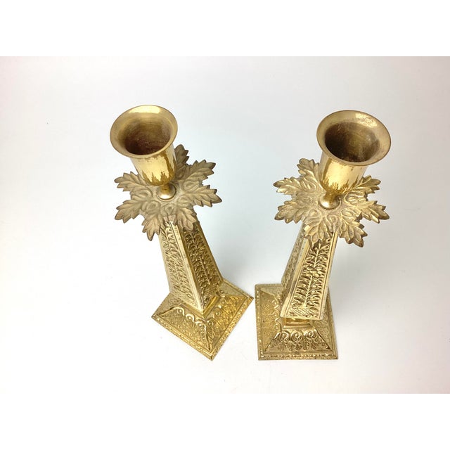 Hollywood Regency Vintage Decorative Brass Candlesticks- a Pair For Sale - Image 3 of 3
