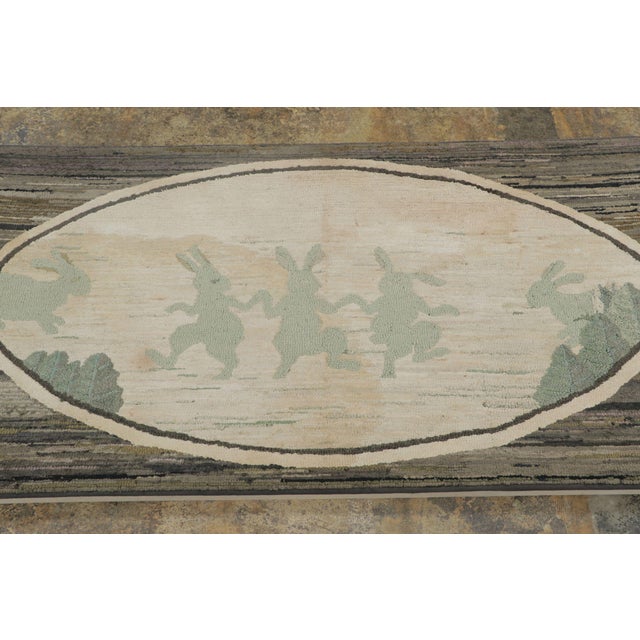 Traditional Antique Hooked Rug in Brown & Gray With Dancing Rabbits Pictorials - Rug & Kilim For Sale - Image 3 of 4