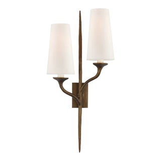 Julie Neill for Visual Comfort Signature Iberia Double Right Sconce in Antique Bronze Leaf with Linen Shades For Sale