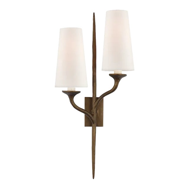 Julie Neill for Visual Comfort Signature Iberia Double Right Sconce in Antique Bronze Leaf with Linen Shades For Sale