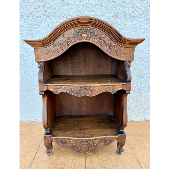 1950s Spanish Carved Wood Open Shelf With Floral Decoration For Sale - Image 12 of 13