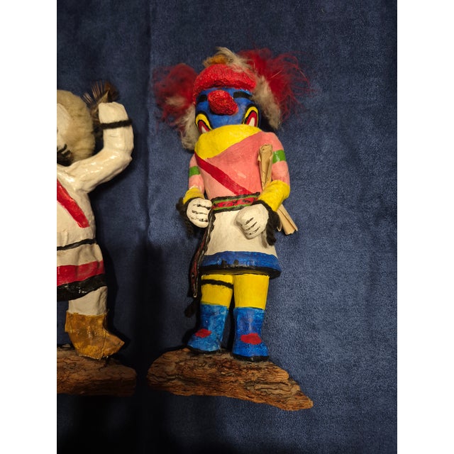 Two mid-century vintage Hopi-style Katsina (Kachina) dolls, paper-mache/canvas with what appears to be a grosso overlay...