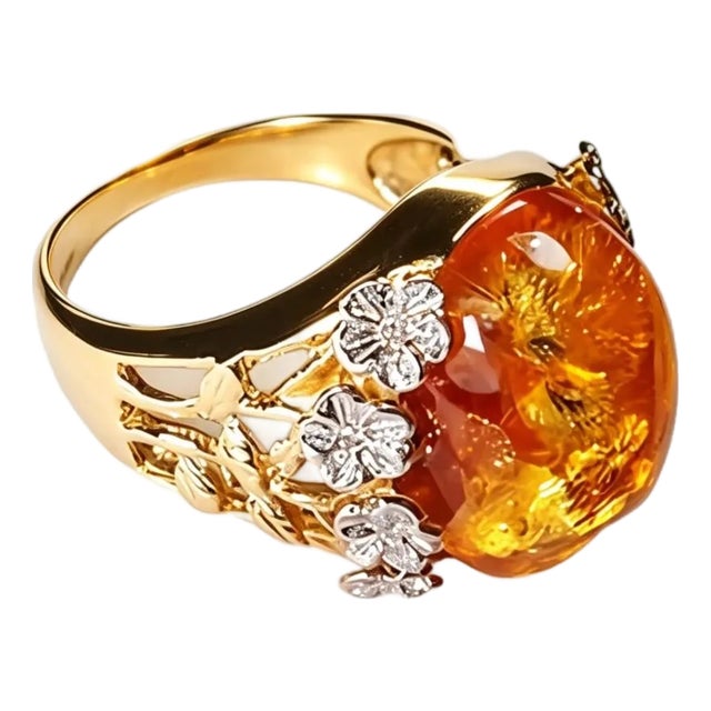 Late 20th Century Size 9 14K Two Tone Gold Cabochon Amber Diamond Floral Ring Band For Sale