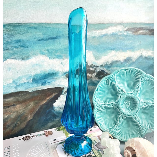 Glass Mid Century Blue Swung Glass Vase For Sale - Image 7 of 8