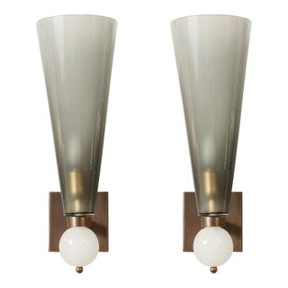 Modernist Hand-Blown Smoked Gray Murano Glass Conical Sconces With Orbital Drop For Sale