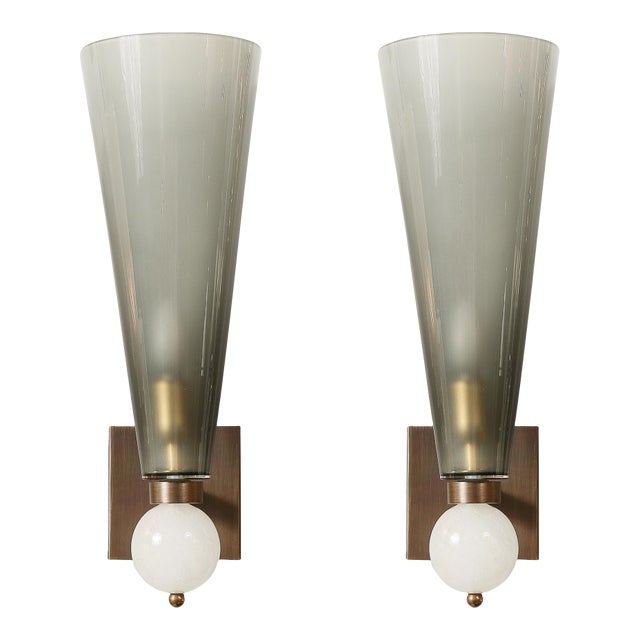 Modernist Hand-Blown Smoked Gray Murano Glass Conical Sconces With Orbital Drop For Sale