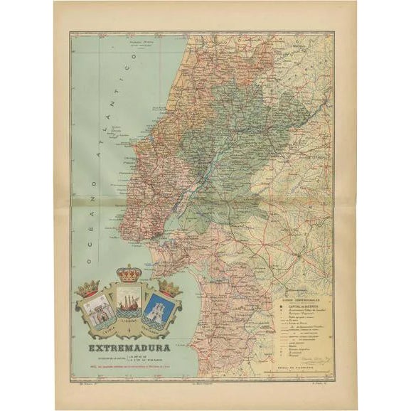 Antique Map of Extremadura, 1903 For Sale