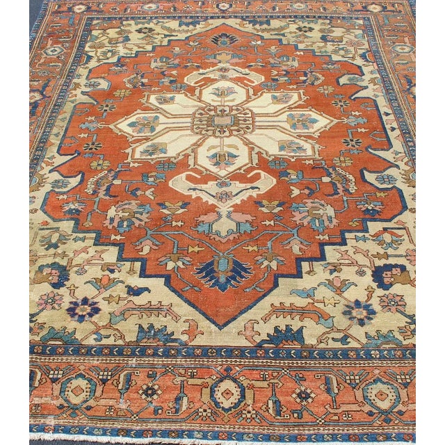 Late 19th Century Antique Persian Serapi Rug in Geometric Medallion Design With Orange & Blue 8'2 X 11'3 For Sale - Image 5 of 16