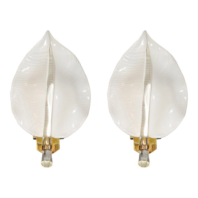 Pair of Mid-Century Hand-Blown Murano Glass Striated Leaf Sconces by Franco Luce For Sale