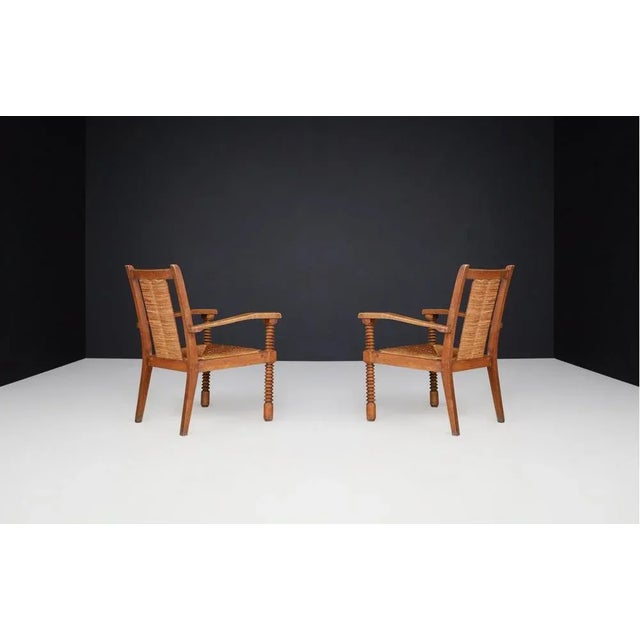 1940s Oak and Rush Armchairs by Charles Dudouyt, France, 1940s, Set of 2 For Sale - Image 5 of 10