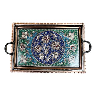 Colorful Etched Copper Tray with Handles For Sale