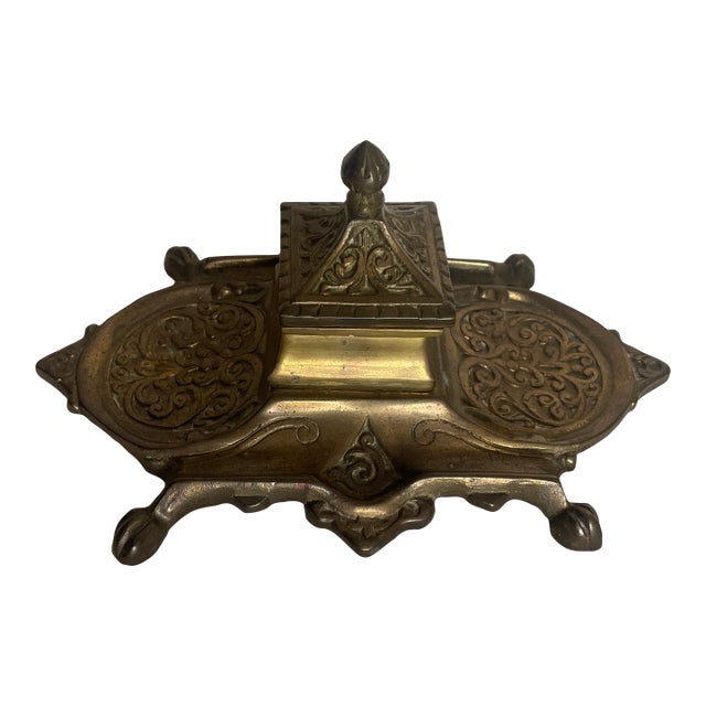 Ornate Solid Brass Desk Inkwell Double Tray Victorian Style For Sale