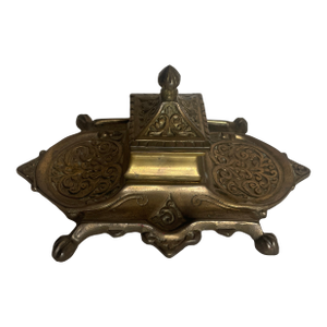 Ornate Solid Brass Desk Inkwell Double Tray Victorian Style