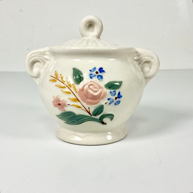 Art Deco 1940s Vintage Farmhouse Boho Chic Art Deco Porcelier Vitreous Cover Sugar Bowl For Sale - Image 3 of 11
